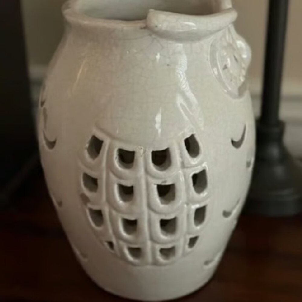 Pottery Barn 11.5" OWL Punched Ceramic Halloween Luminary Pillar Candle Holder - Picture 4 of 7